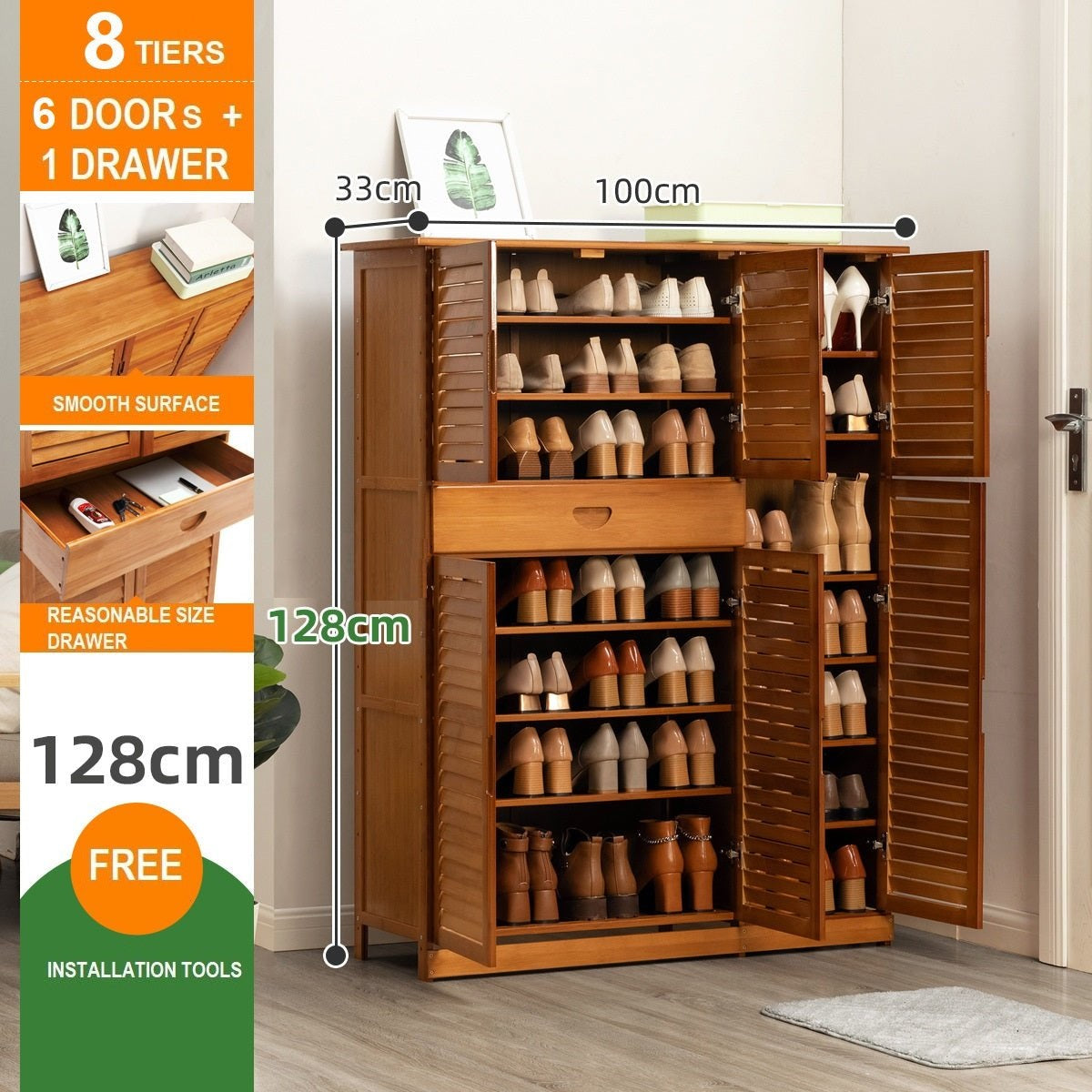 Lecoi 8 Tier & 4 Doors Bamboo Shoe Rack Cabinet with 1 Drawer - Natural - Notbrand
