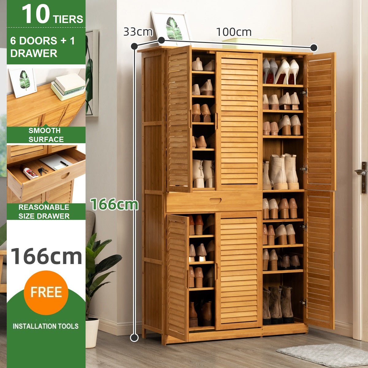 Lecoi 8 Tier & 4 Doors Bamboo Shoe Rack Cabinet with 1 Drawer - Natural - Notbrand