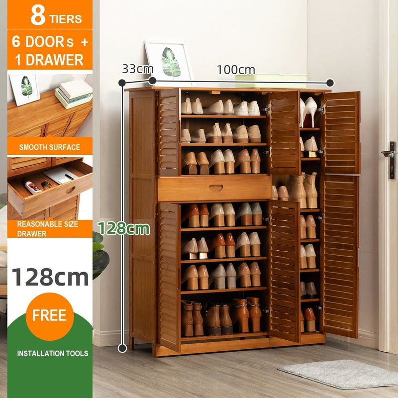 Lecoi 8 Tier & 6 Doors Bamboo Shoe Rack Cabinet with 1 Drawer - Natural - Notbrand
