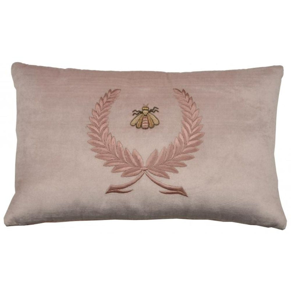 Wreath & Bee on Velvet Rectangle Cushion - Blush Pink - NotBrand