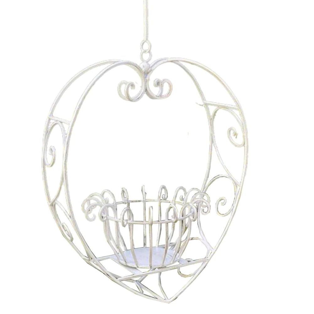 Wrought Iron Hanging Heart Pot Plant Candle Holder in Rustic Cream - Medium - NotBrand
