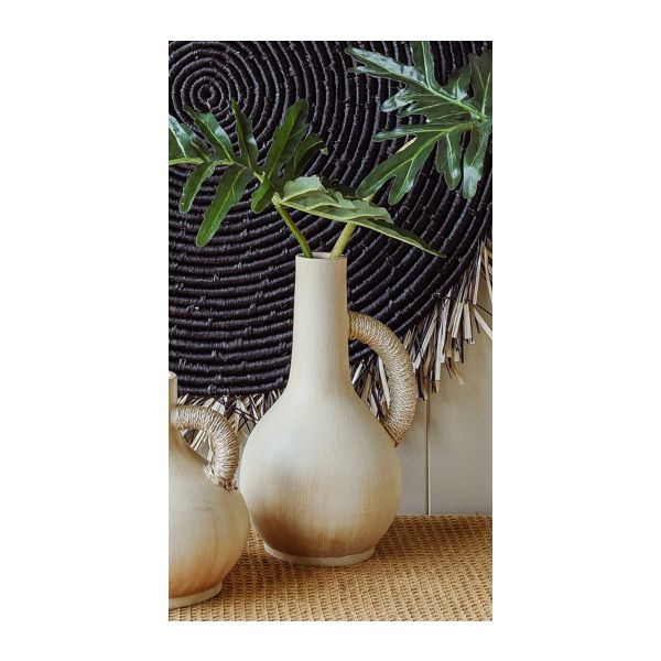 Set of 2 Terracotta Tall Vase with Handle - Cream - Notbrand