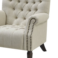 Linen Buttoned Armchair with Studs Dark Legs - Natural - Notbrand
