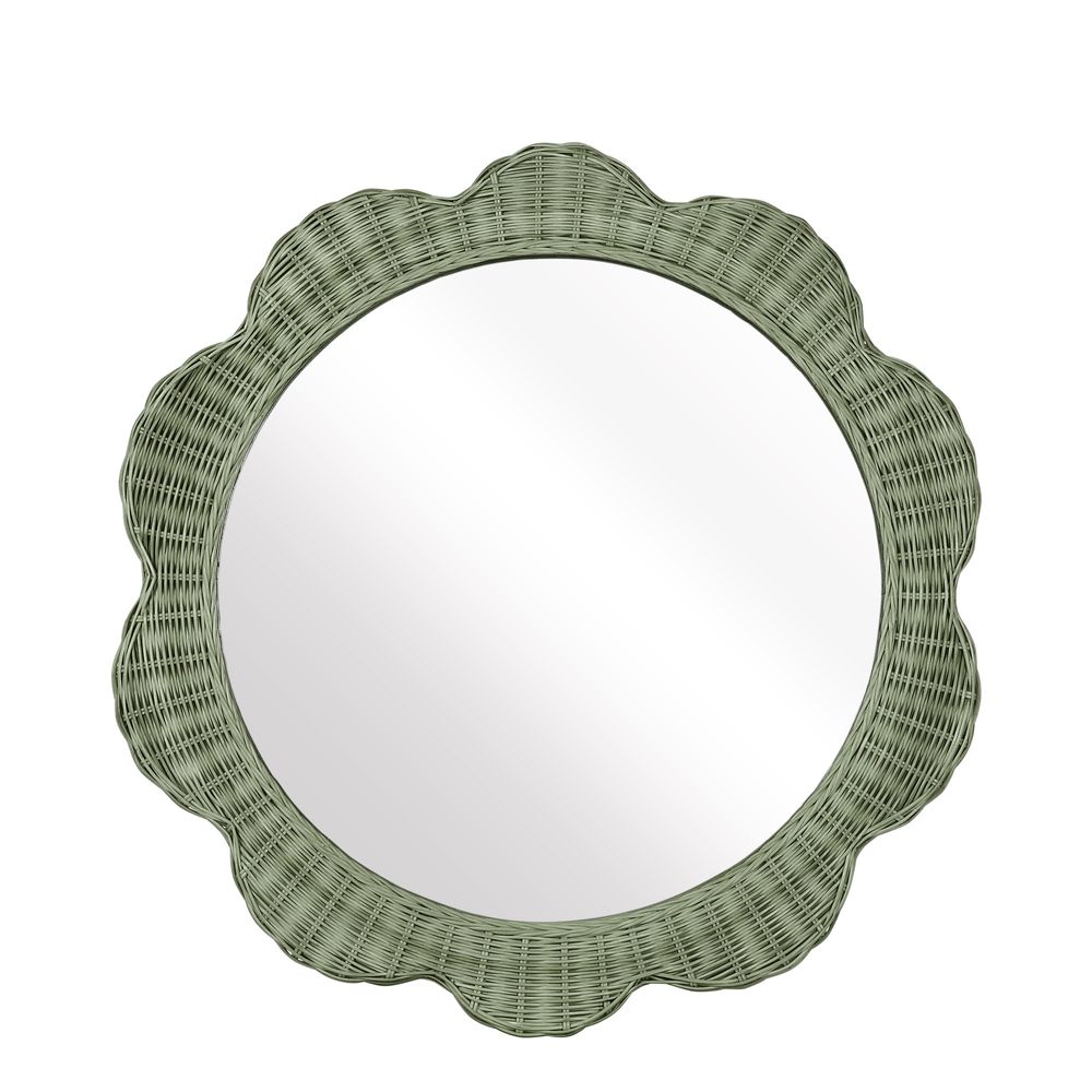 Belle Rattan Scallop Round Mirror - Green - Notbrand