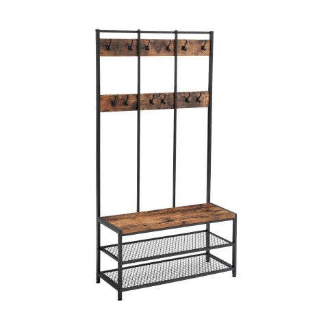 Lecoi 12 Hooks Coat & Shoe Rack with Bench - Rustic Brown & Black - Notbrand