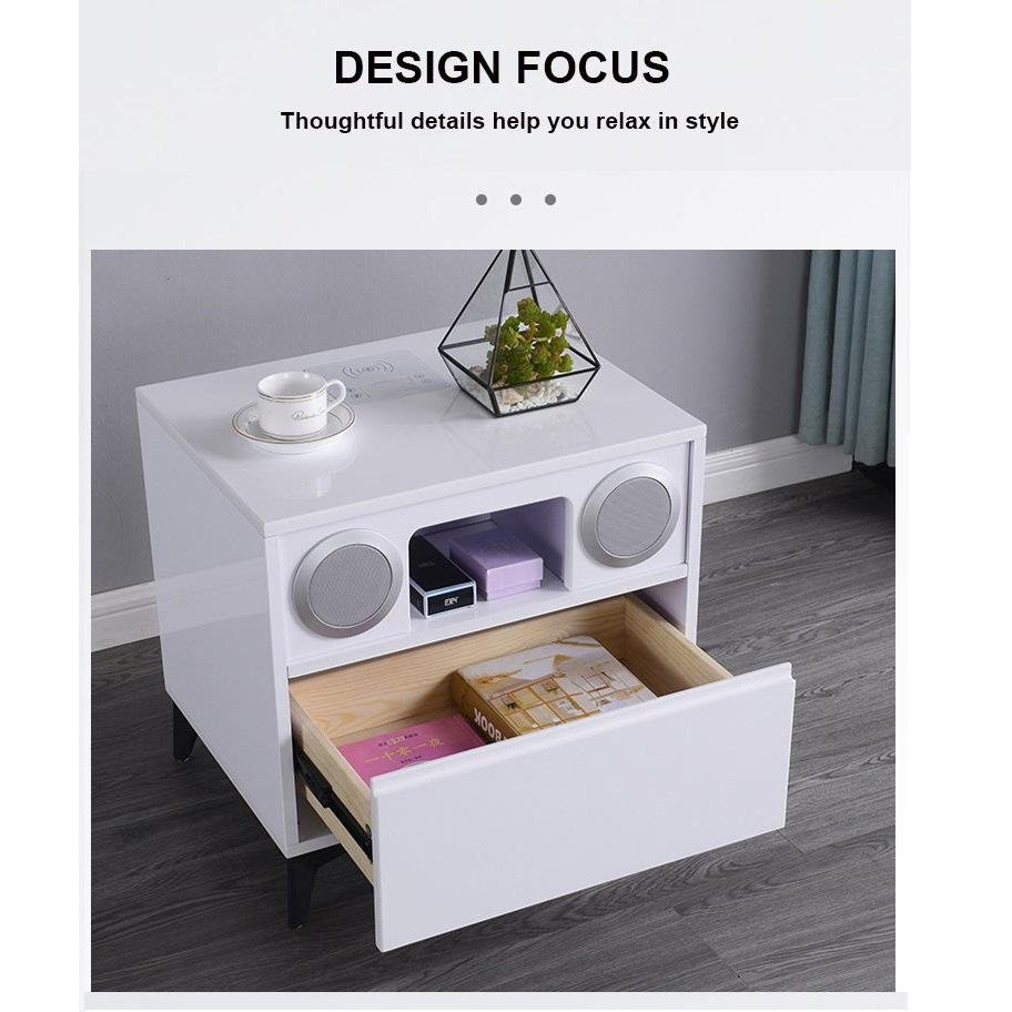 Smart Bedside Table with Wireless Charging & Bluetooth Speaker LED Light