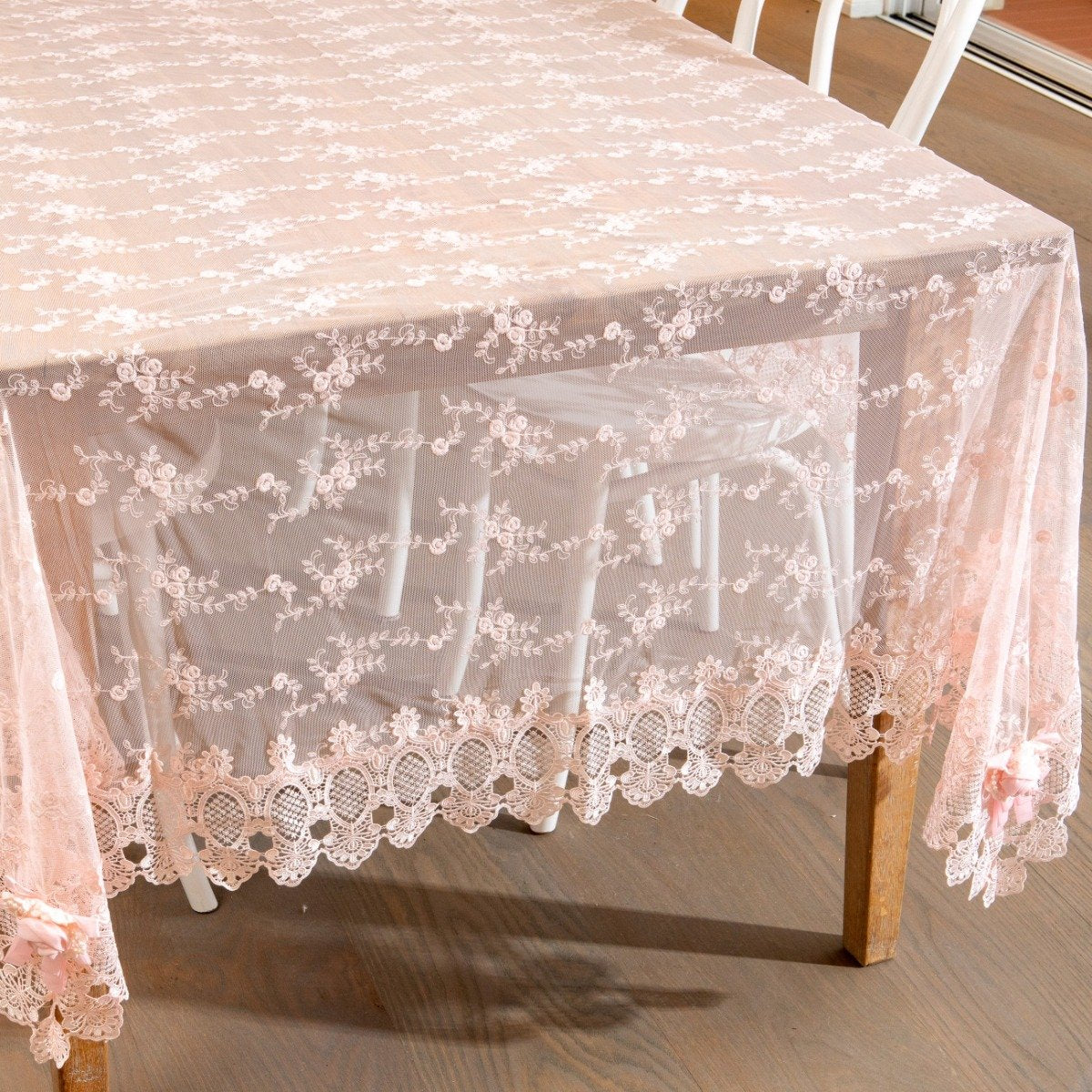 Vintage Lace Tablecloth with Ribbon Flower Clip - Pink