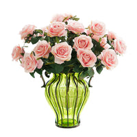 Green Glass Flower Vase With Artificial Silk Rose Set - 4 Bunch 9 Heads - Notbrand
