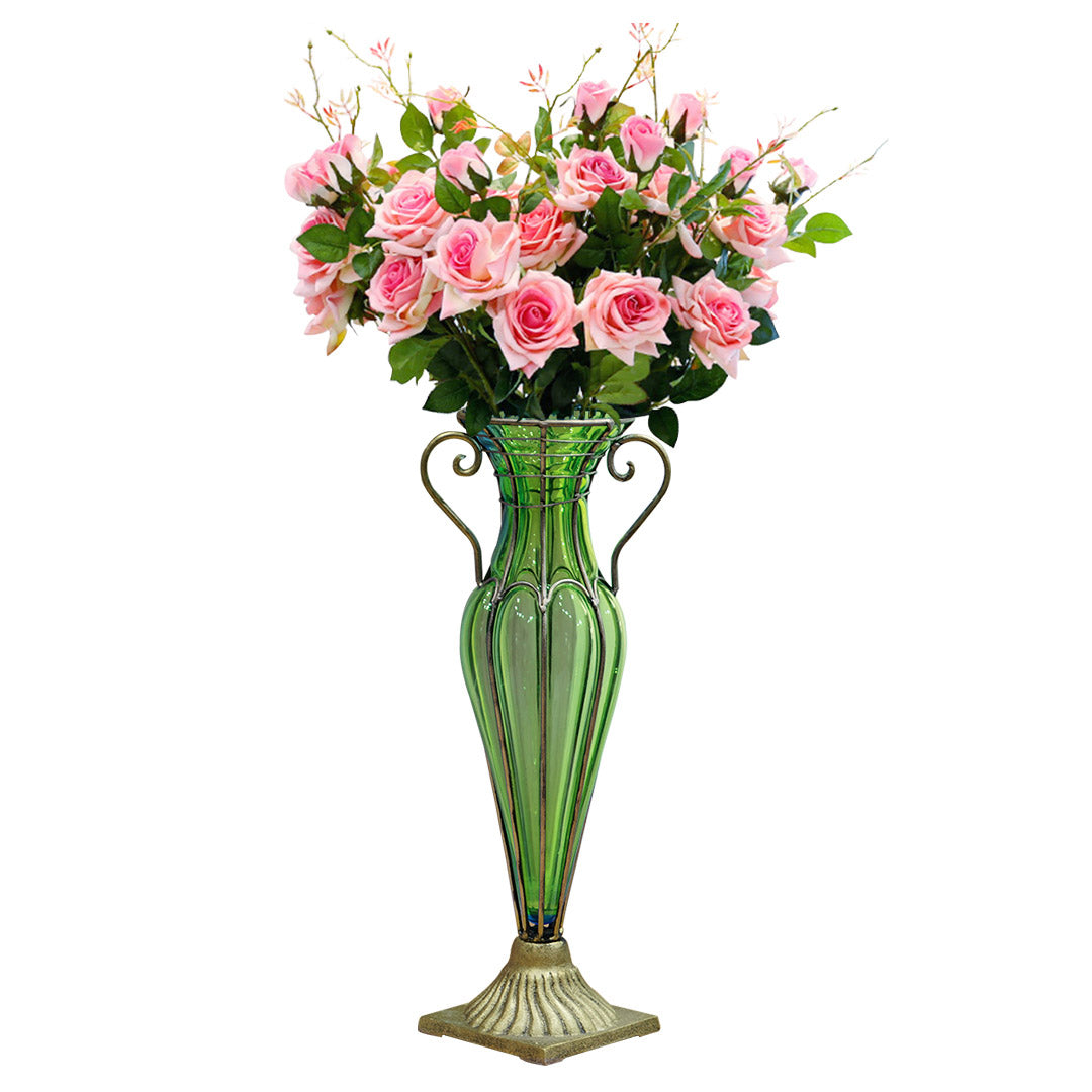 Green Glass Flower Vase With Artificial Silk Rose Set - 6 Bunch 5 Heads - Notbrand