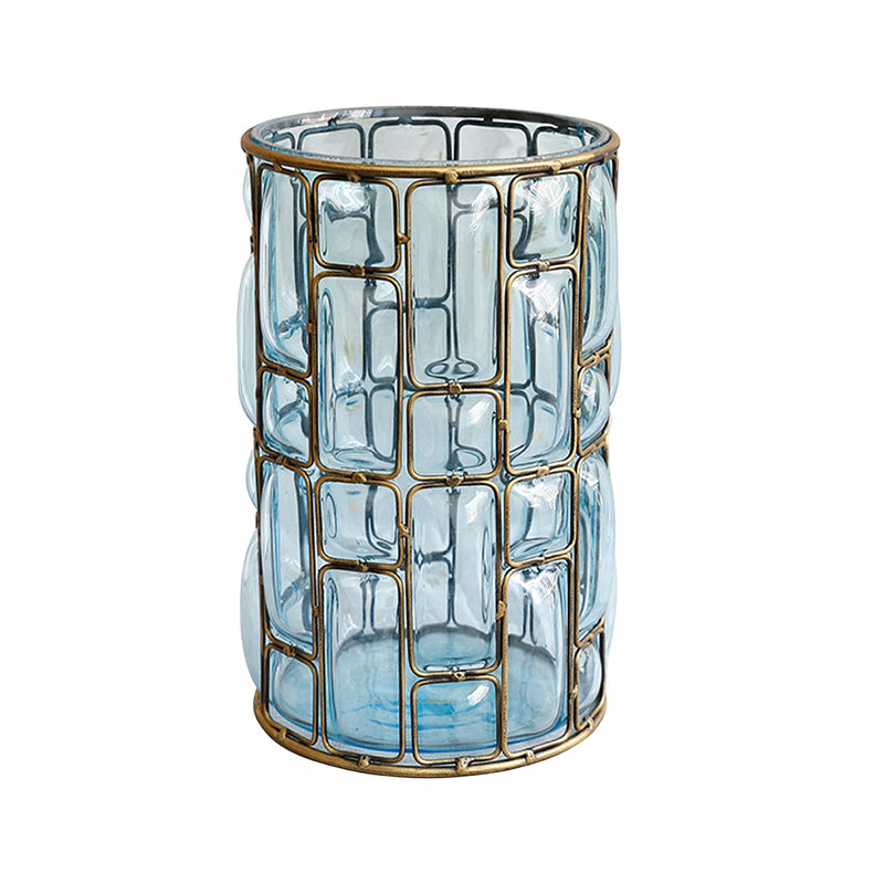European Glass Flower Vase With Gold Metal Pattern - Blue - Notbrand