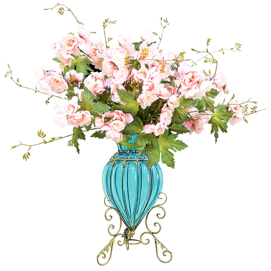 Blue Glass Floor Flower Vase With Artificial Silk Hibiscus Set - 8 Bunch 3 Heads - Notbrand