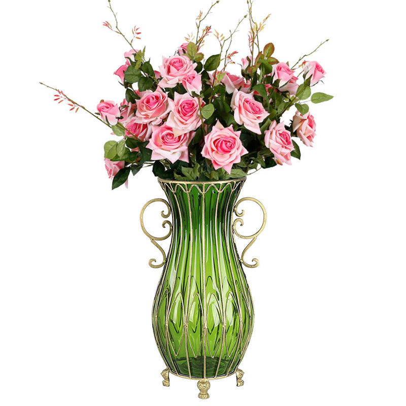 Set of Green Glass Floor Vase With 12Pcs Pink Artificial Flower - Notbrand