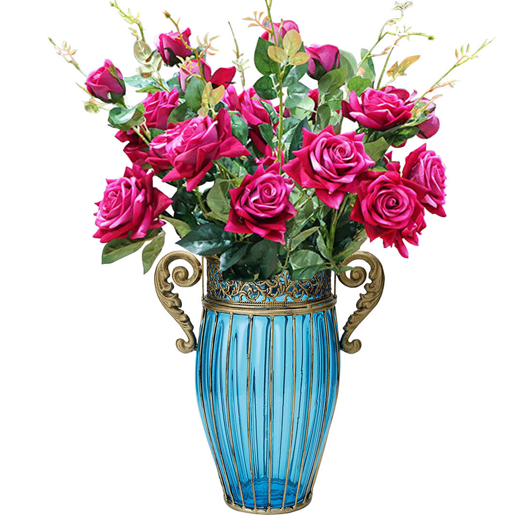 Blue Glass Flower Vase With Artificial Silk Rose Set - 8 Bunch 5 Heads - Notbrand