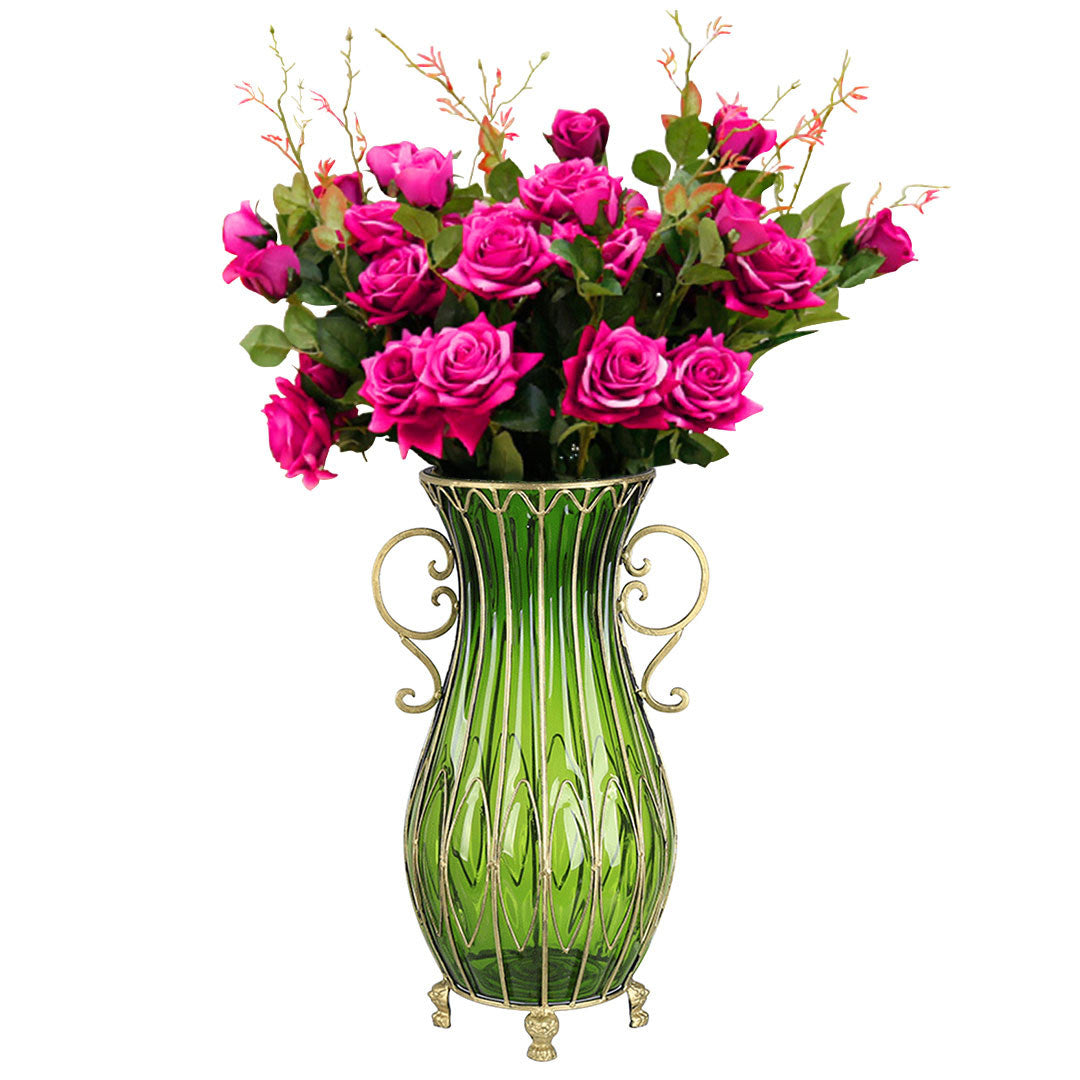 Set of Green Glass Cylindrical Floor Vase With 12Pcs Artificial Flowers - Notbrand
