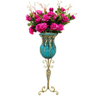 Set of Blue Glass Floor Vase And 12Pcs Dark Pink Artificial Flower - Notbrand
