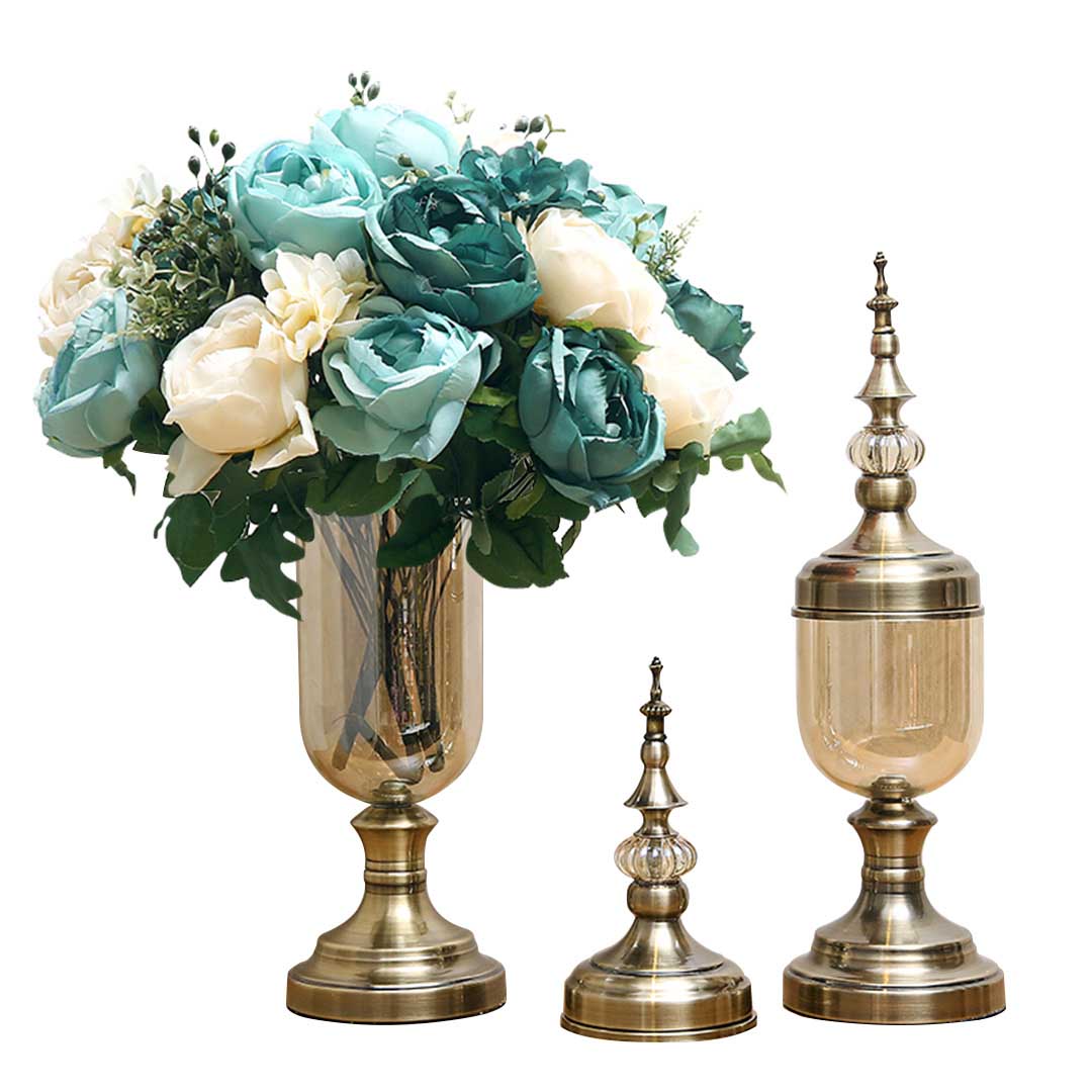 Set of 2 Clear Bronze Glass Vase With Lid And Blue Flower - Notbrand