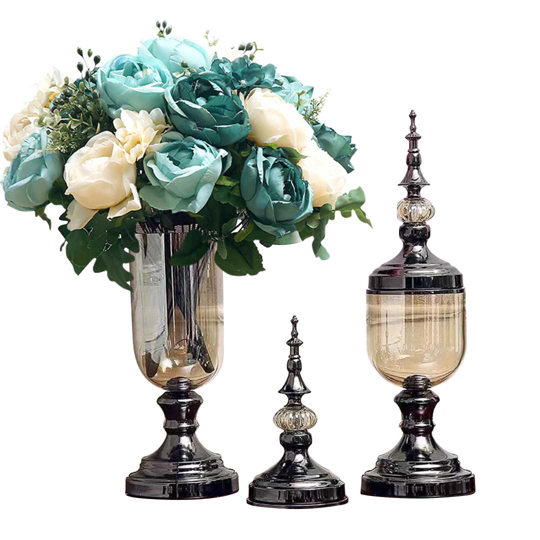 Set of 2 Clear Black Glass Vase With Lid And Blue Flower - Notbrand