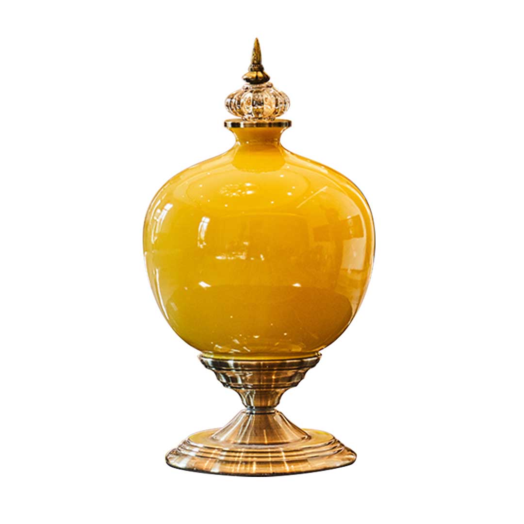 Yellow Ceramic Vase With Gold Metal Base - 38cm - Notbrand