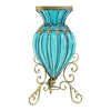 European Glass Floor Flower Vase With Metal Stand - Blue - Notbrand