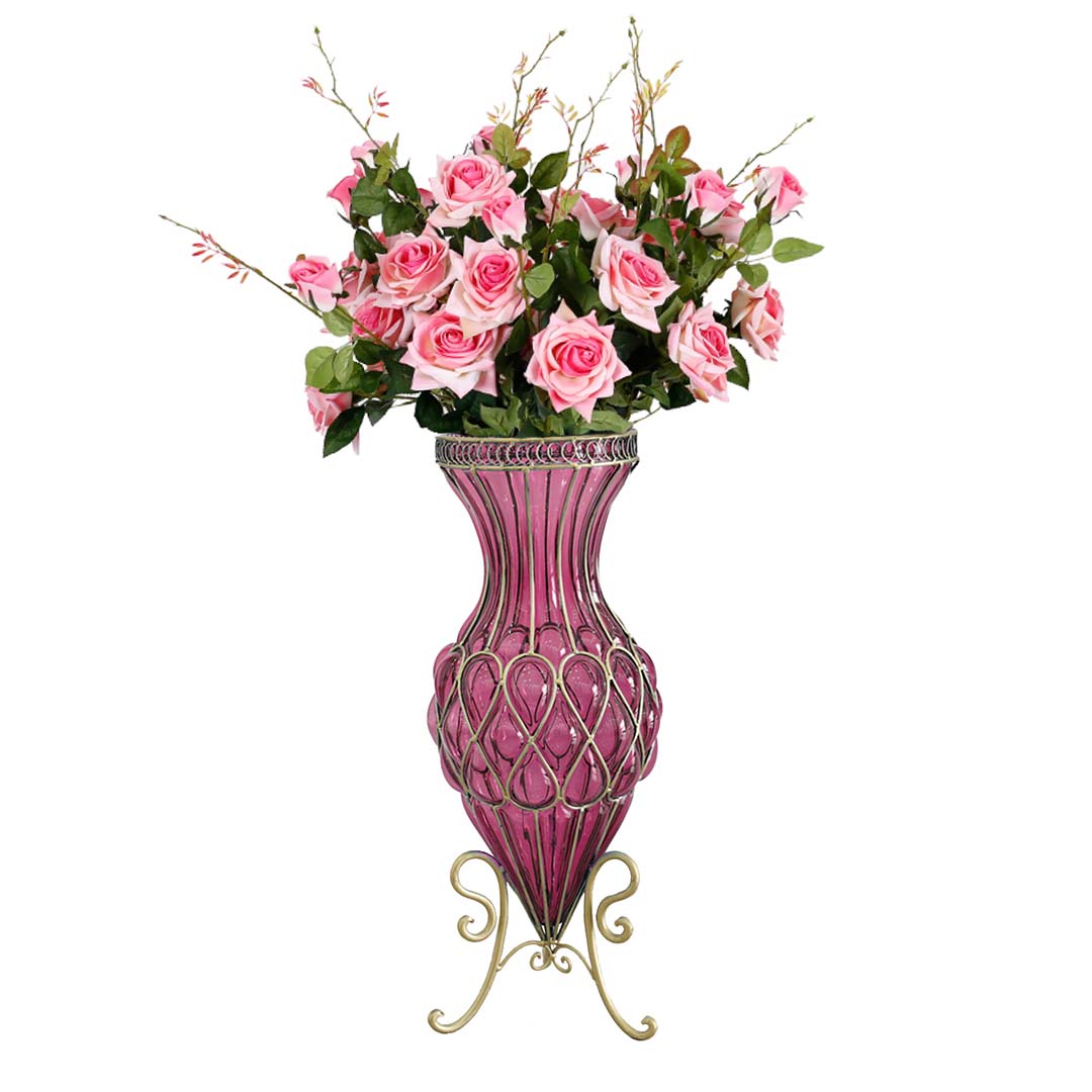 Set of Purple Glass Floor Vase and 12Pcs Pink Artificial Flower - Notbrand