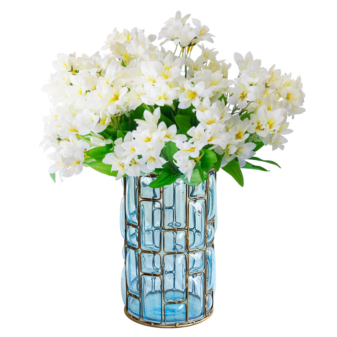Set of Blue Glass Cylindrical Vase With Artificial Silk Lilium Nanum Flowers - Notbrand