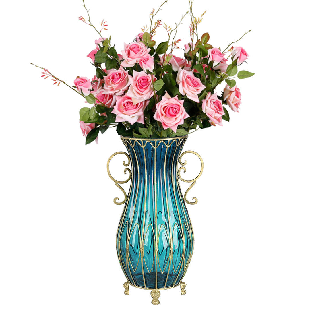 Set of Blue Glass Floor Vase With 12Pcs Pink Artificial Flower - Notbrand