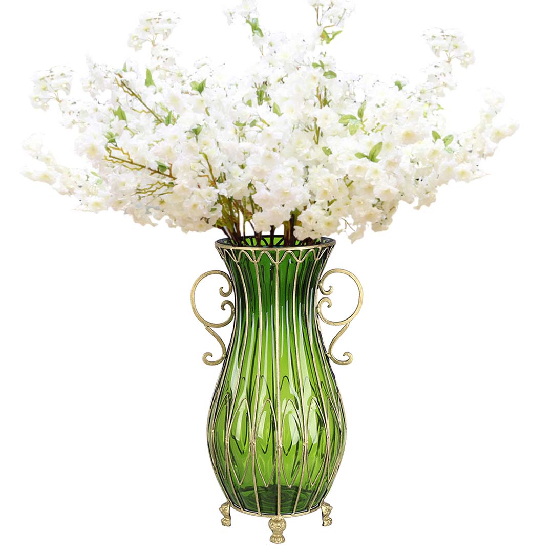 Set of Green Glass Floor Vase with 10Pcs White Artificial Flower - 51Cm - Notbrand