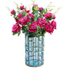 Blue Glass Cylinder Flower Vase With Artificial Silk Rose Set - Notbrand