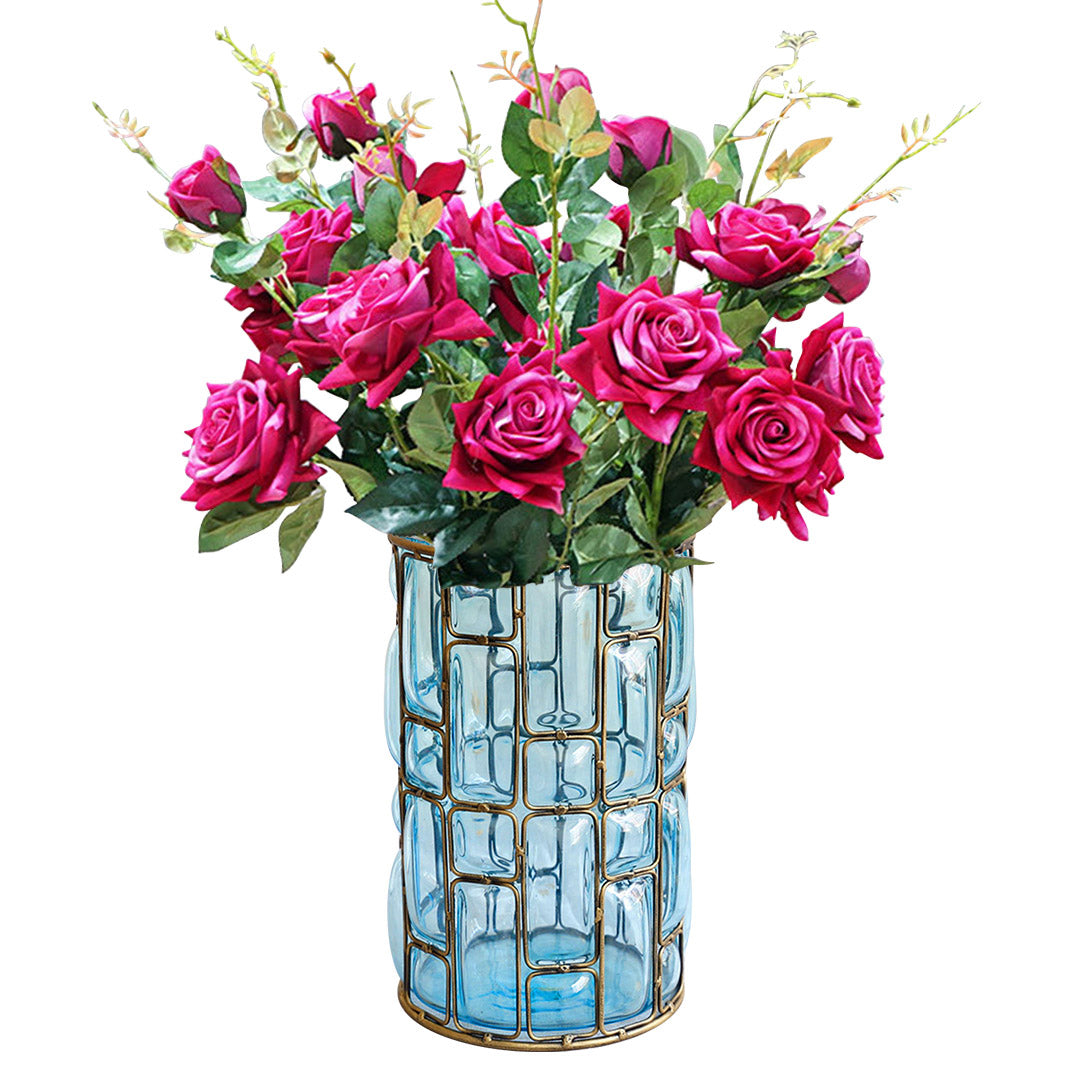 Blue Glass Cylinder Flower Vase With Artificial Silk Rose Set - Notbrand