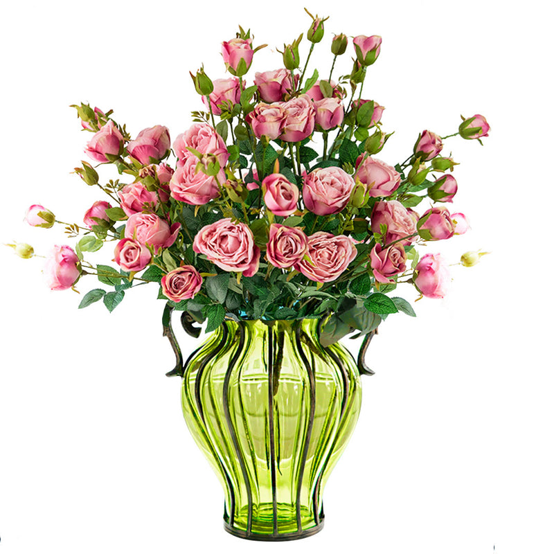 Green Glass Flower Vase With Artificial Silk Rose Set - 10 Bunch 6 Heads - Notbrand