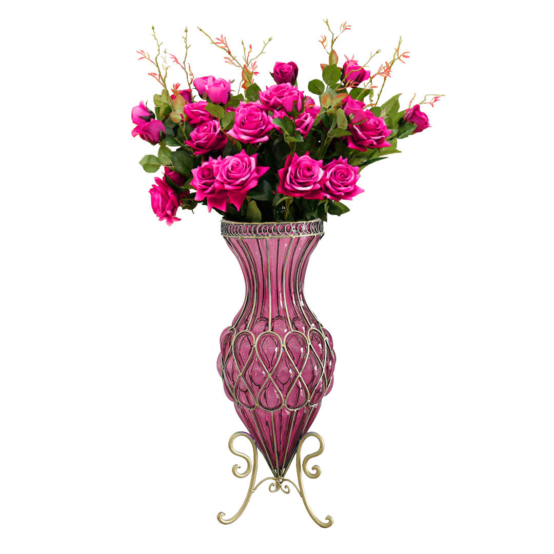 Set of Purple Glass Floor Vase And 12Pcs Dark Pink Artificial Flower - Notbrand