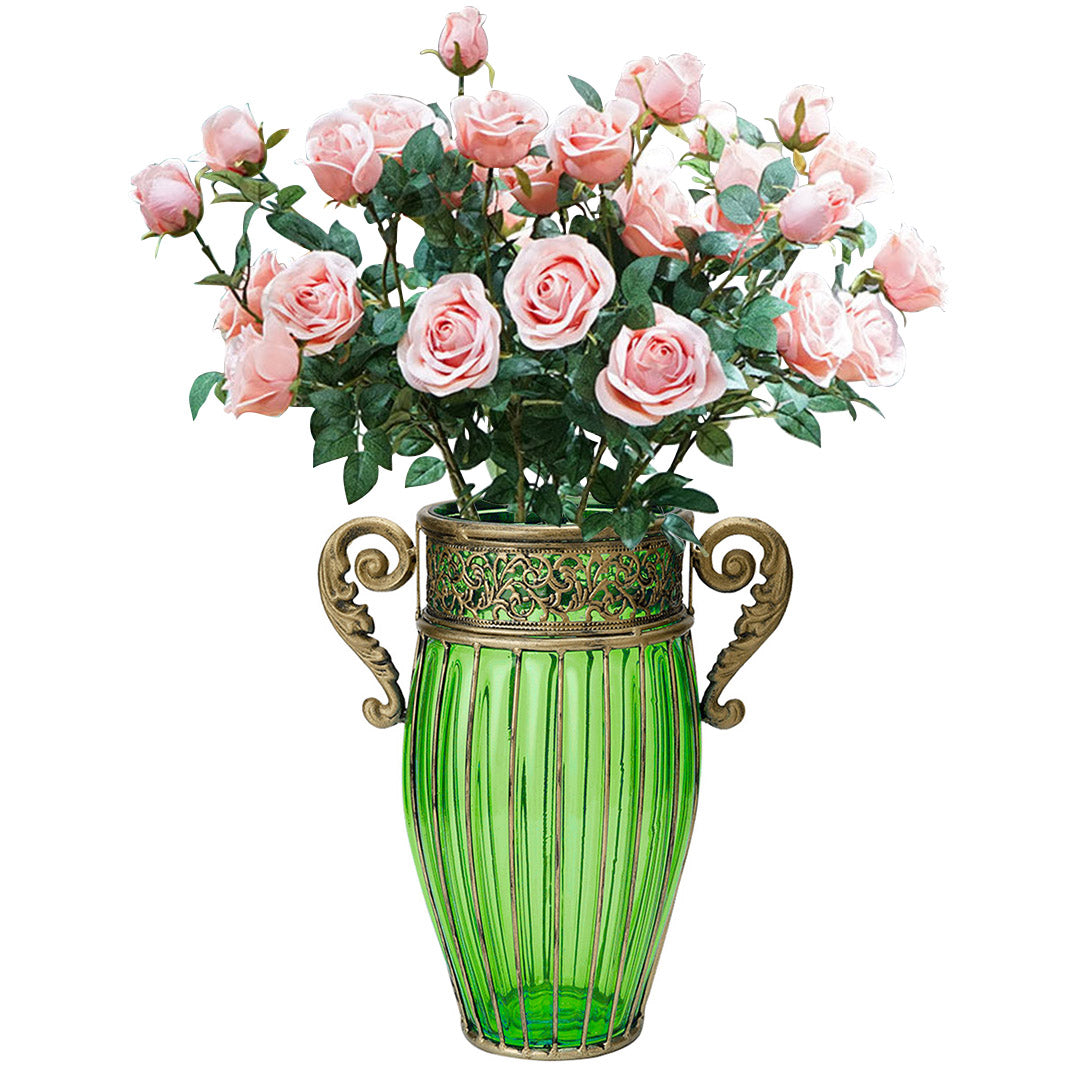 Amphora Green Glass Flower Vase With Artificial Silk Rose Set - 8 Bunch 5 Heads - Notbrand