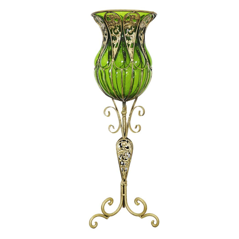 Green Glass Floor Vase With Tall Metal Stand - 85cm - Notbrand