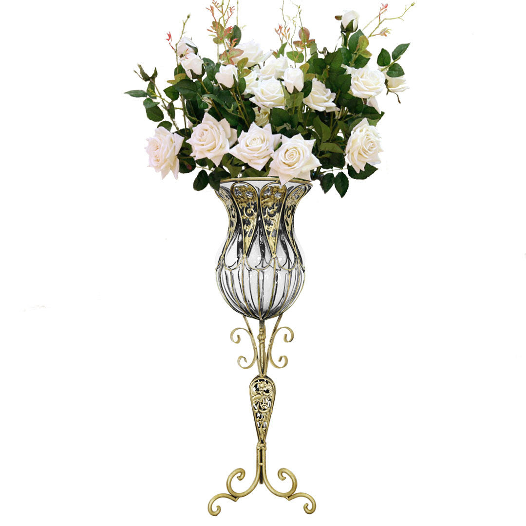 Set of Clear Glass Floor Vase With 12Pcs White Artificial Flower - Notbrand