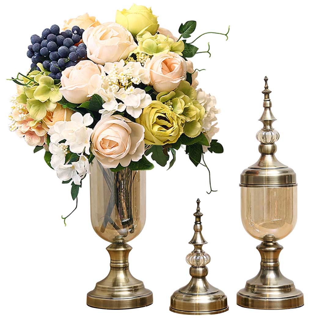 Set of 2 Clear Bronze Glass Vase With Lid And White Flower - Notbrand