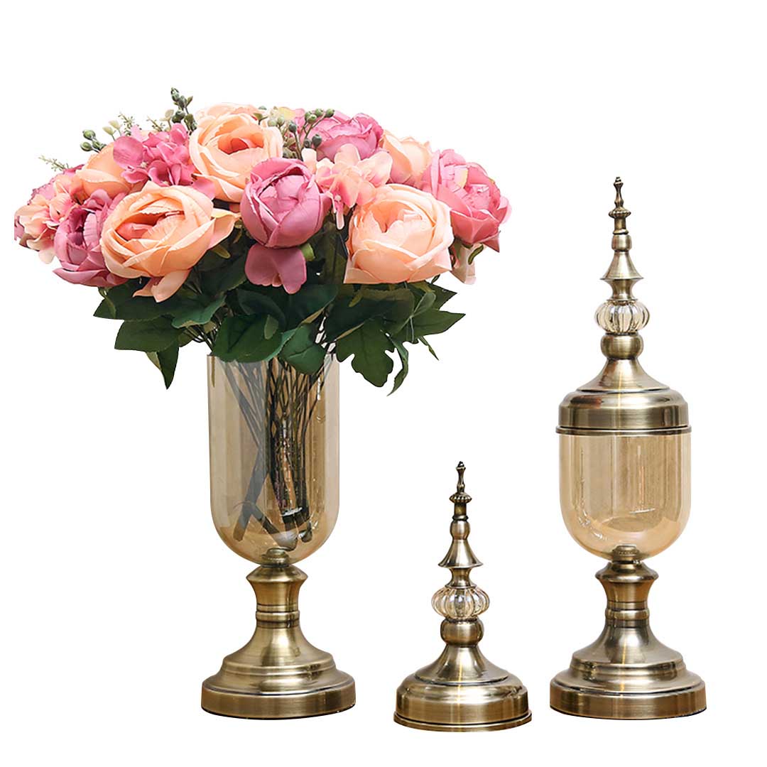 Set of 2 Clear Bronze Glass Vase With Lid And Pink Flower - Notbrand