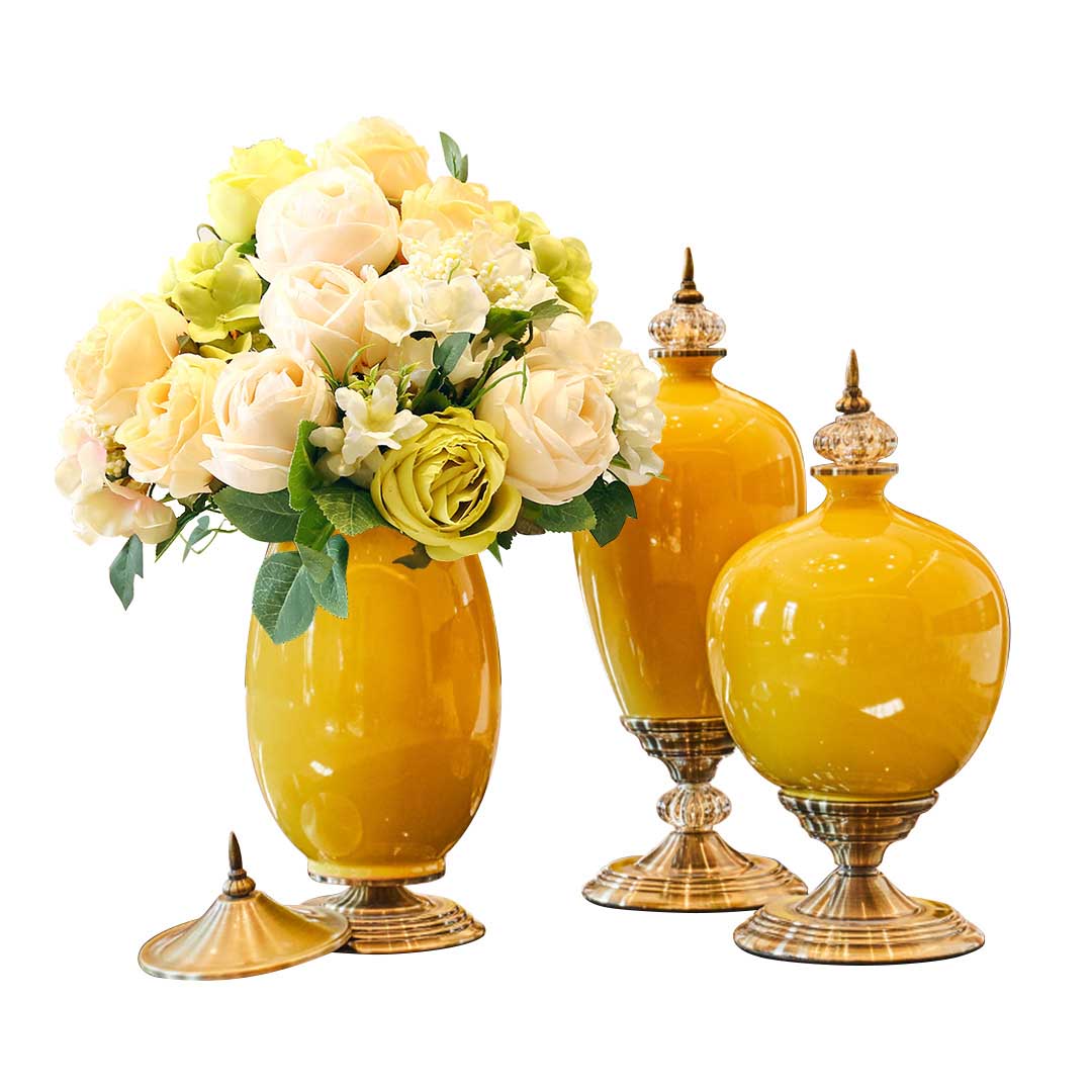 Set of 3 Yellow Ceramic Vase With Blue Flowers - Notbrand