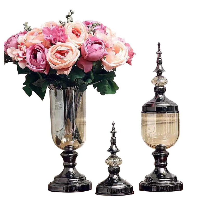Set of 2 Clear Black Glass Vase With Lid And Pink Flower - Notbrand