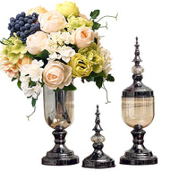 Set of 2 Clear Black Glass Vase With Lid And White Flower - Notbrand