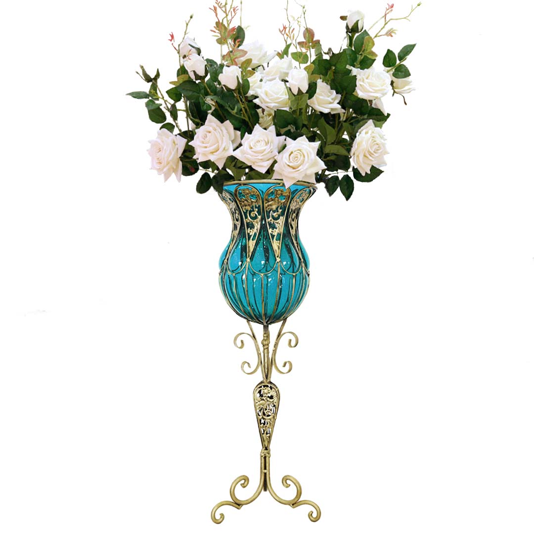 Set of Blue Glass Floor Vase And 12Pcs White Artificial Flower - Notbrand