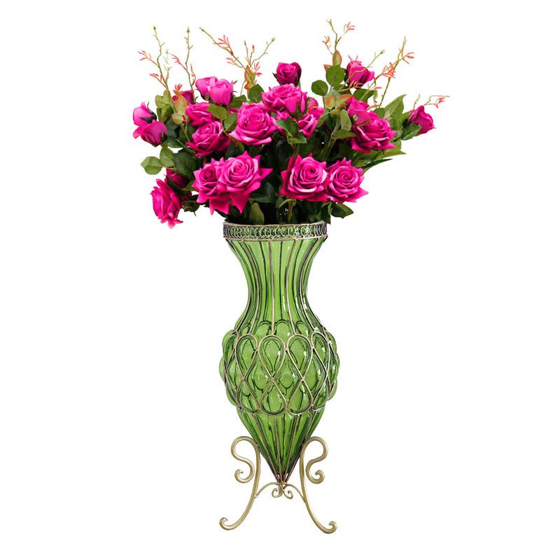 Set of Green Glass Floor Vase And 12Pcs Dark Pink Artificial Flower - Notbrand