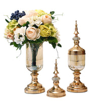 Set of 2 Clear Gold Glass Vase With Lid and White Flower - Notbrand