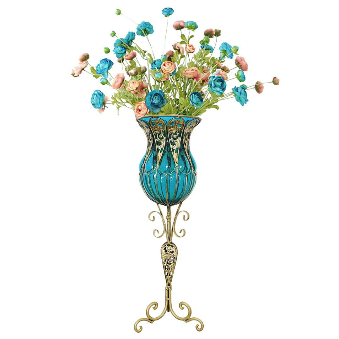 Set of Blue Glass Floor Vase And 12Pcs Blue Artificial Flower - Notbrand