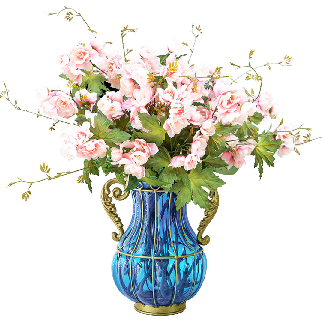 Blue Glass Flower Vase With Artificial Silk Hibiscus Set - 8 Bunch 3 Heads - Notbrand