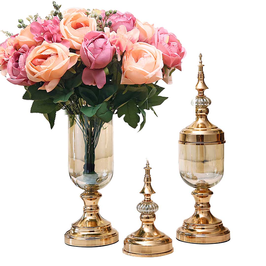 Set of 2 Clear Gold Glass Vase With Lid and Pink Flower - Notbrand
