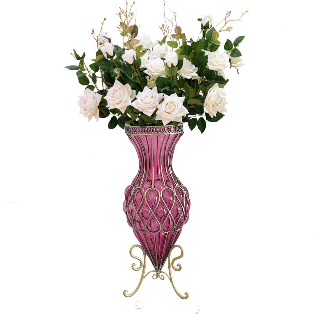 Set of Purple Glass Floor Vase And 12Pcs White Artificial Fake Flower - Notbrand