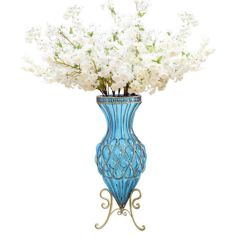 Set of Blue Glass Floor Vase With 10Pcs White Artificial Flowers - Notbrand