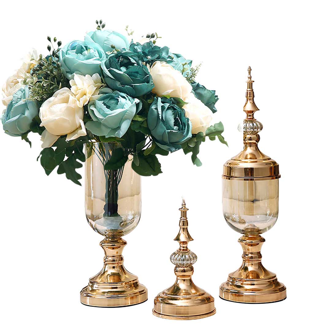 Set of 2 Clear Gold Glass Vase With Lid And Blue Flower - Notbrand