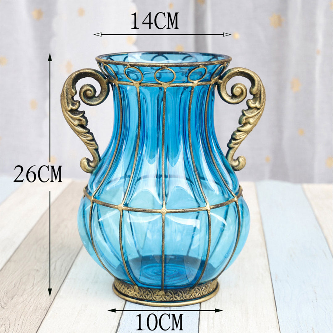 Blue Glass Flower Vase With Artificial Silk Lilium Nanum Set - 10 Bunch 6 Heads - Notbrand