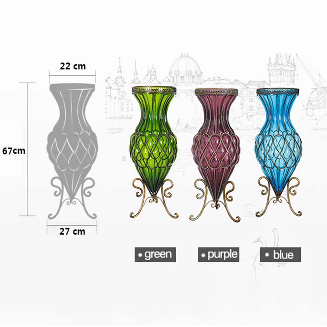 Set of Blue Glass Floor Vase And 12Pcs White Artificial Flower - 67cm - Notbrand
